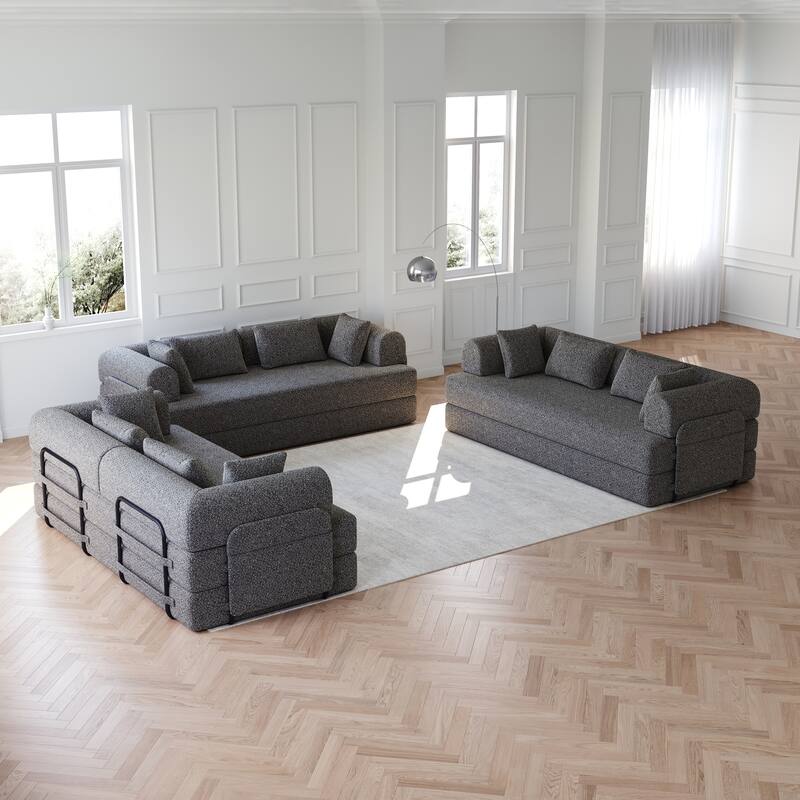 Anmytek 78.7" Chenille Convertible Sleeper Sofa Bed - 3PCS with Cylindrical Pillow & Side Pocket