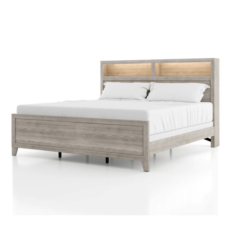 Furniture of America Holland Washed White Panel Bed with Headboard Shelves and Touch Light