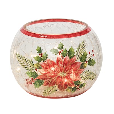 Transpac Glass 5.91 in. Multicolored Christmas Light Up Poinsettia Round Vase