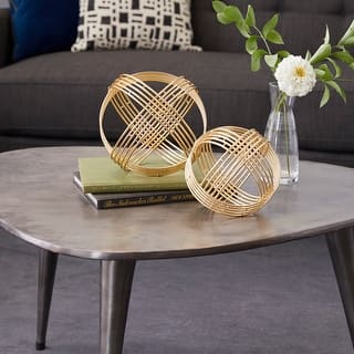 Gold Metal Layered Orb Geometric Decorative Sculpture (Set of 2) - 9 x 8 x 8 and 7 x 6 x 6