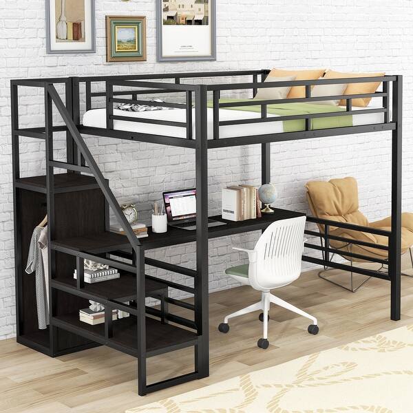 Black Metal Full Size Loft Bed with Desk, Storage Staircase and