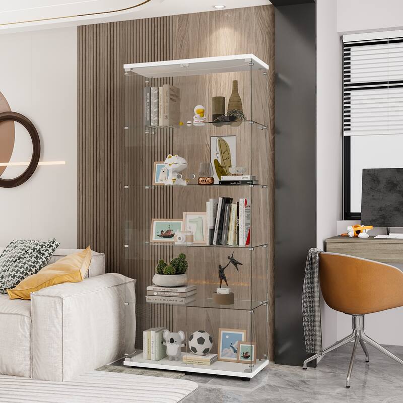 Floor Standing Glass Bookshelf Display Cabinet with 5 Shelves and Double Door