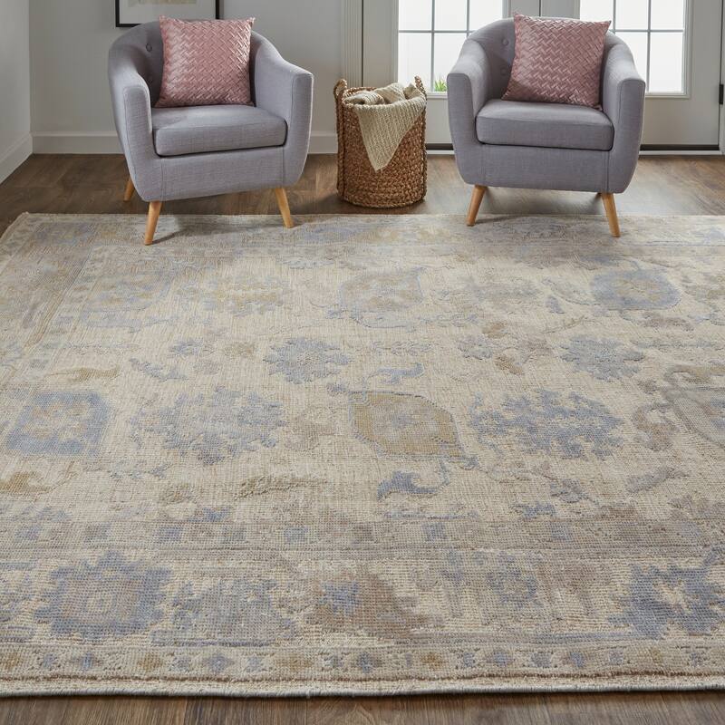 Tierney Eco Friendly PET Oushak Area Rug, Ivory Tan/Stone Blue