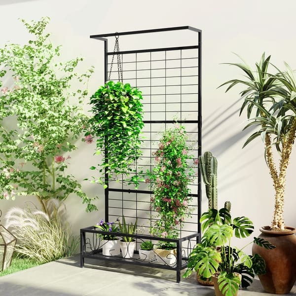 slide 2 of 18, Outsunny Tall Plant Stand with Trellis and Hanging Bar, Metal Plant Holder Flower Stand Black