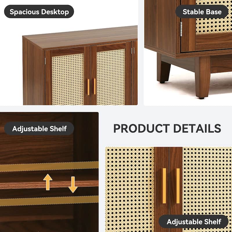 Modern 4 Door Wood Rattan Buffet Sideboard Storage Cabinet