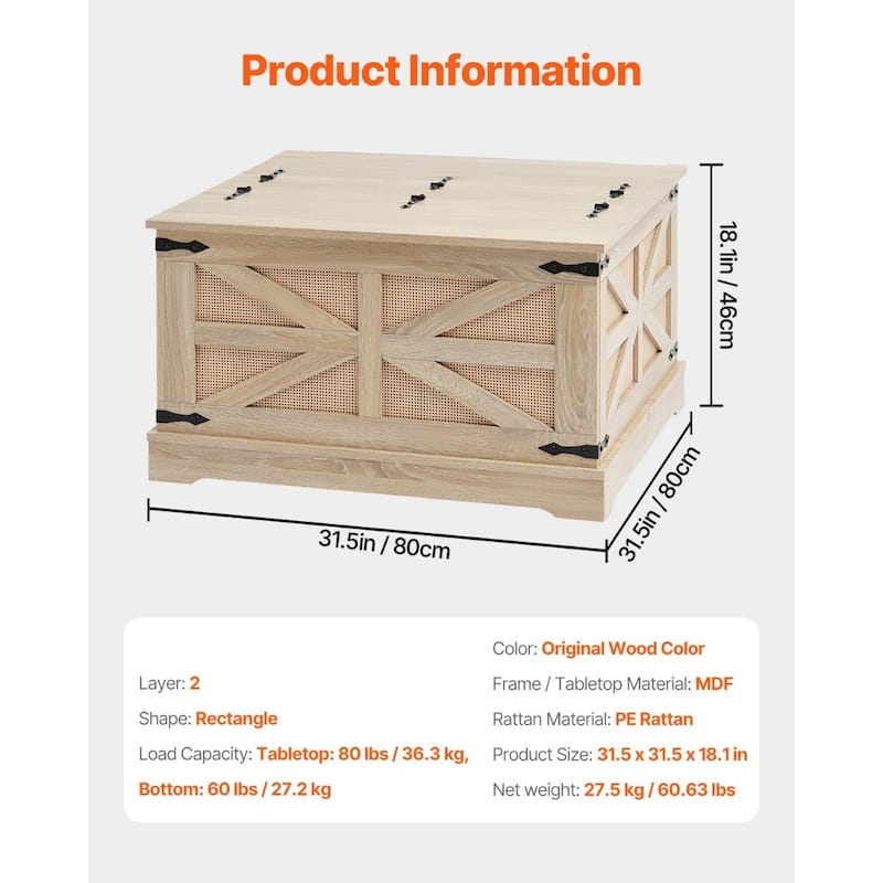 Modern 2-Tier Rectangular Coffee End Table with Dual Lift Top and Spacious Storage Space - 31.5” x 31.5” x 18.1”