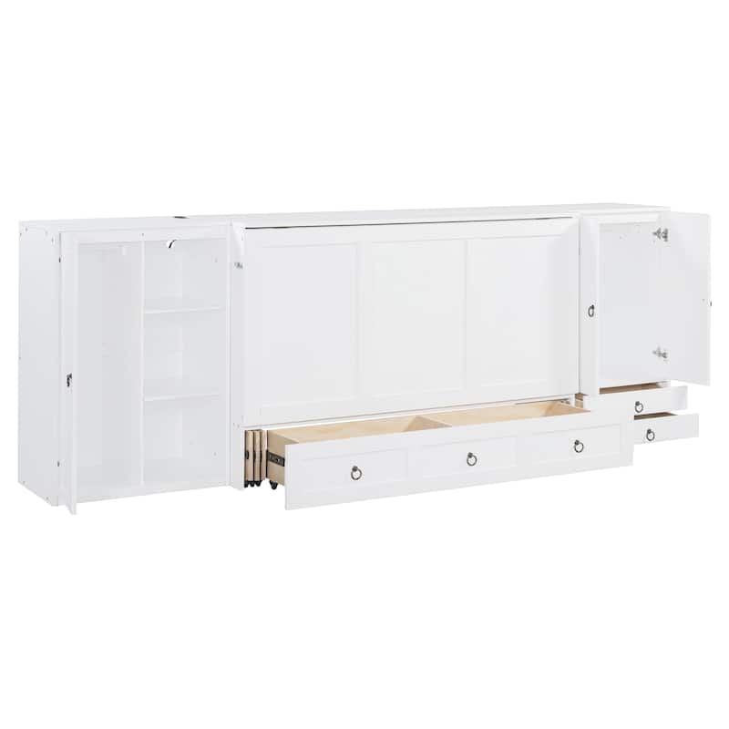 Queen Size Murphy Bed with USB Port, Little Wardrobes and Drawers, White