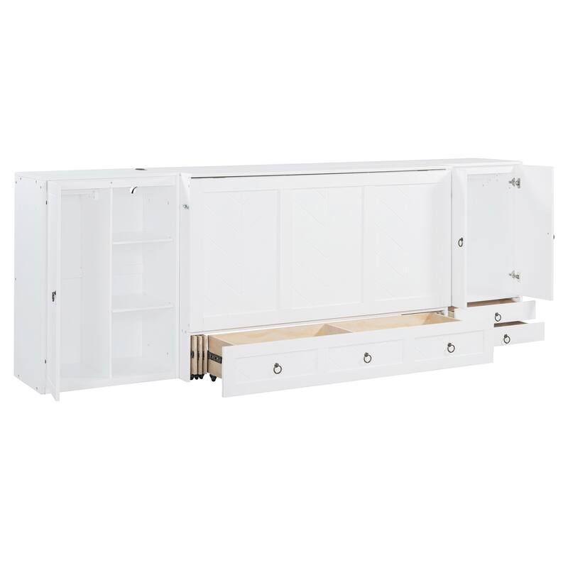 Queen Size Solid Wood Murphy Bed with Charging Station, Built-In Wardrobes, Drawers, and Foldable Cabinet Design