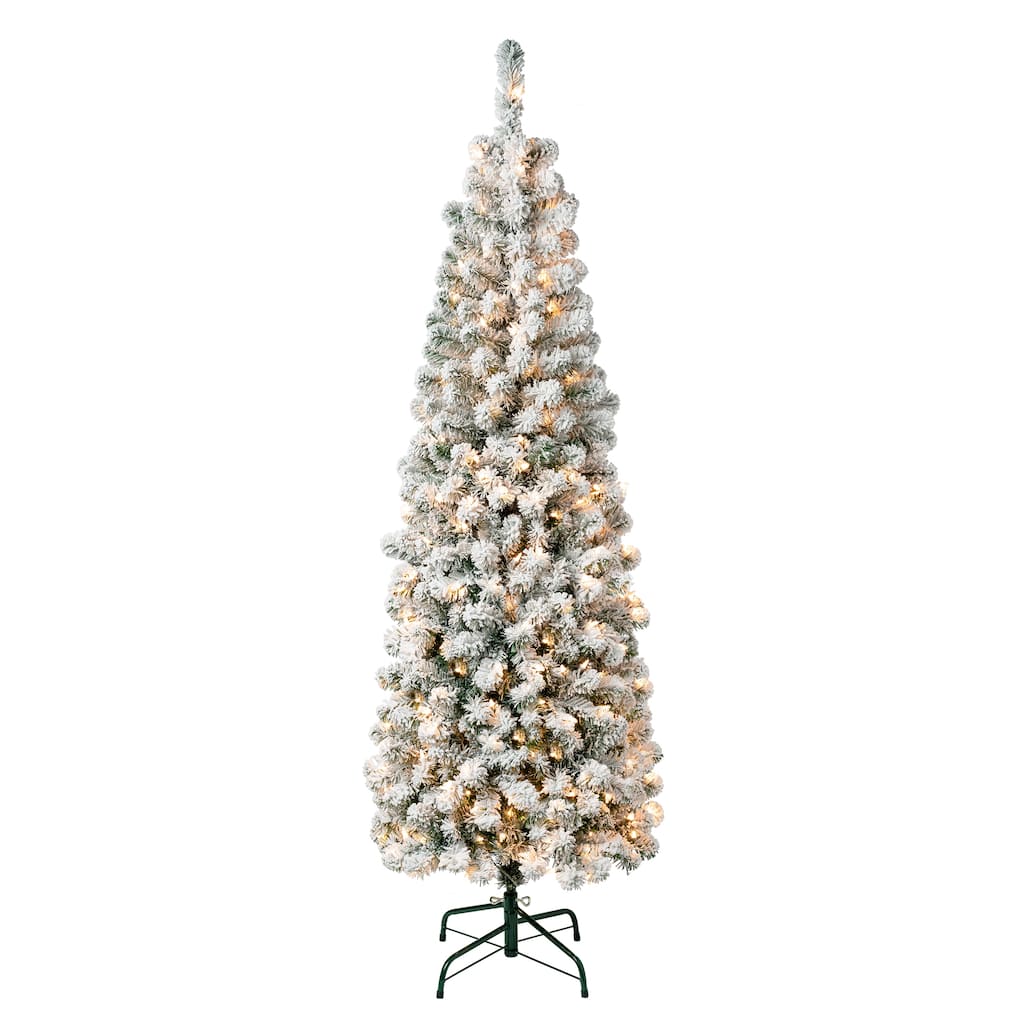National Tree Company 6 ft. Acacia Pencil Slim Flocked Tree with Clear Lights - 6 Foot