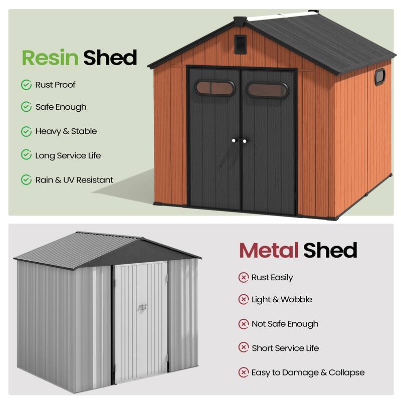 8X10 FT All-Weather Waterproof Plastc Outdoor Resin Storage Shed Windows Lockable Door with Floor for Patio Furniture and Tools