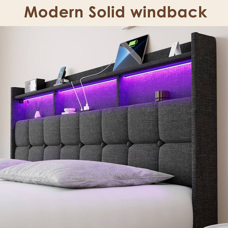 King Size Upholstered Platform Bed with LED Lights, Charging Station & Storage Headboard, No Box Spring Needed
