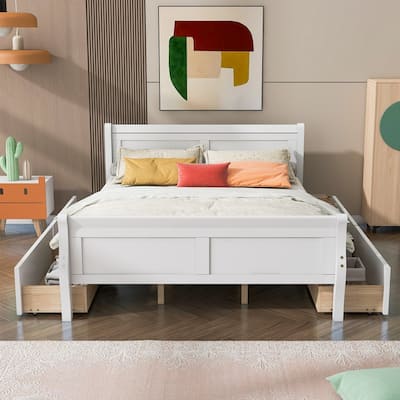 Streamlined Solid Wood Queen Size Platform Bed with 4 Drawers and Headboard&Footboard