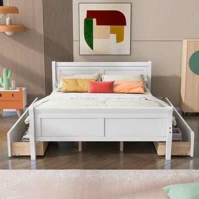 Streamlined Solid Wood Queen Size Platform Bed with 4 Drawers and Headboard&Footboard