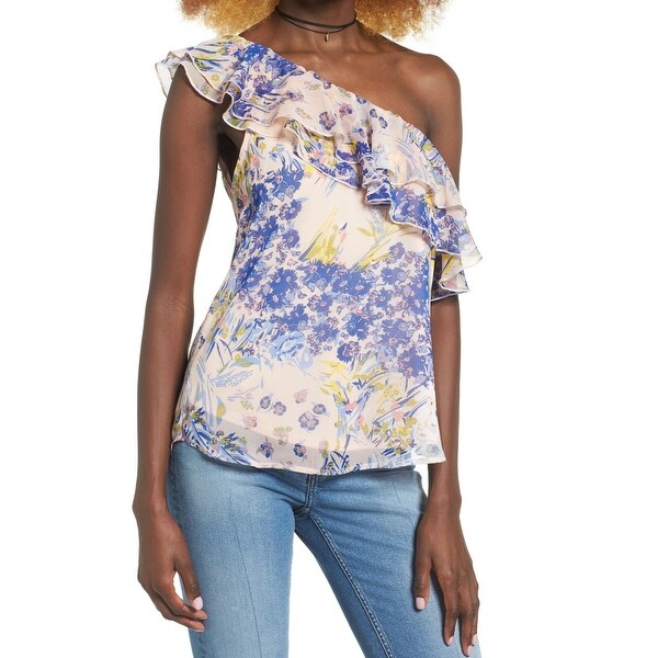 Leith Pink Womens Size Large L Floral One-Shoulder Chiffon Blouse
