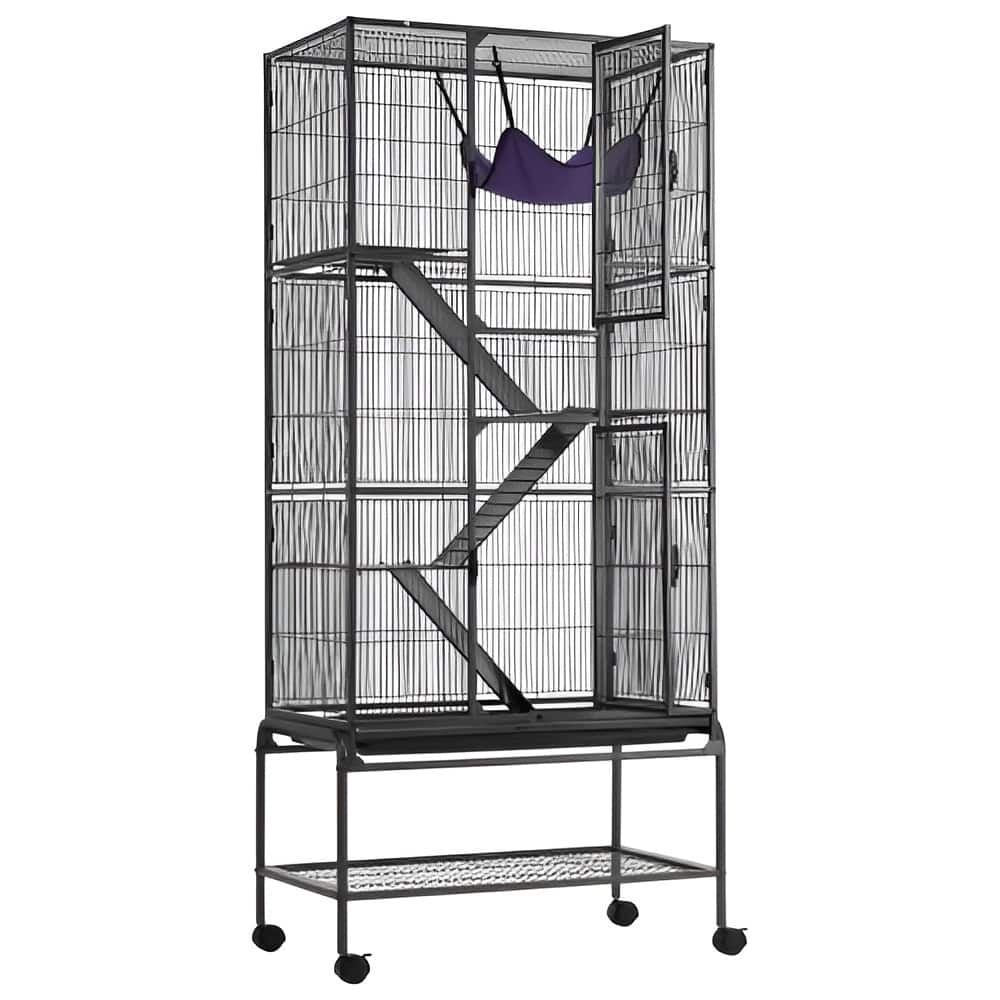 Black Iron & Plastic Ferret Cage with 4 Platforms, Rolling Wheels & Storage - Multi