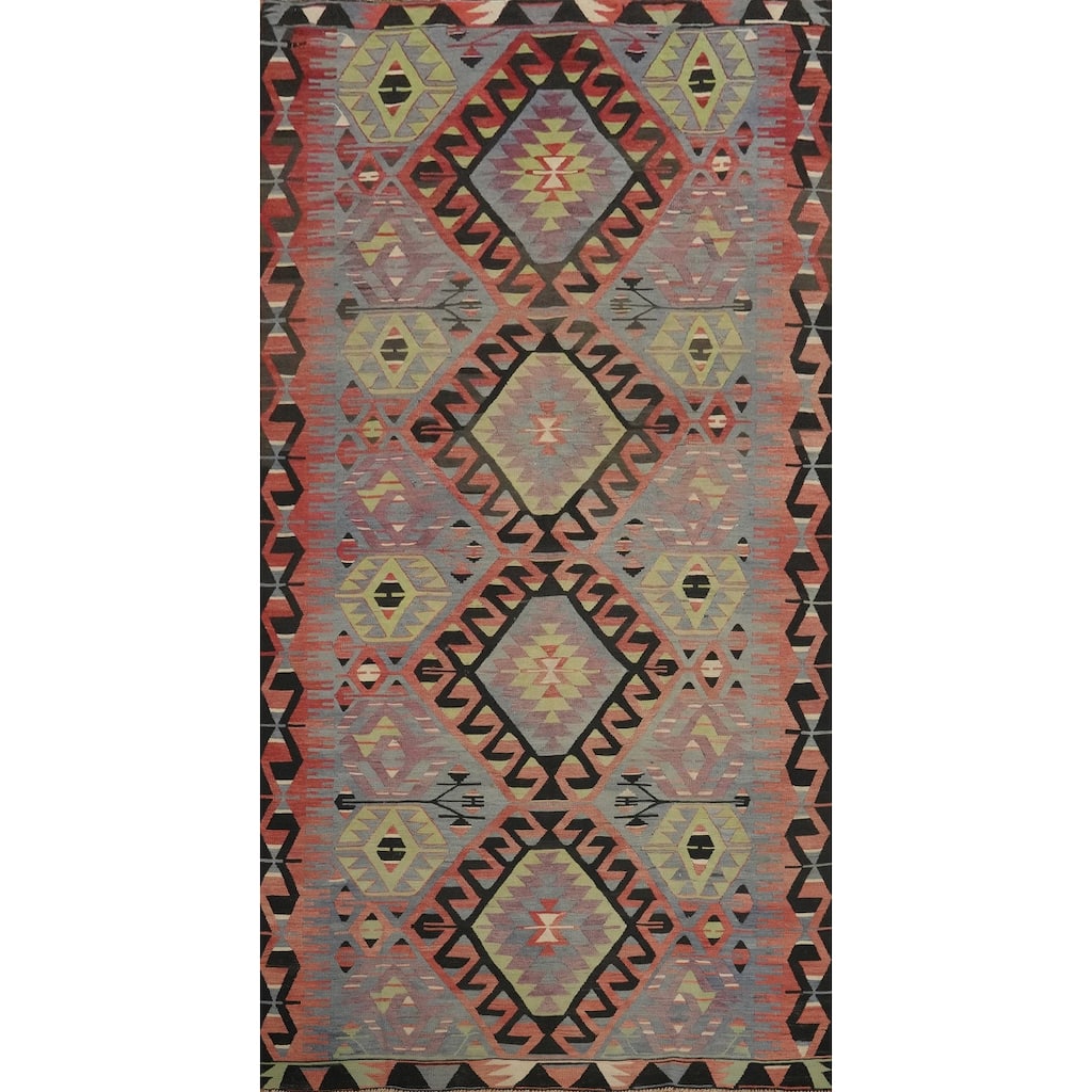 Hand Woven Oriental 100% Wool Carpet Southwestern Tribal Navy Blue & Blues Kilim Area Rug - 10' 0'' X 4' 11''