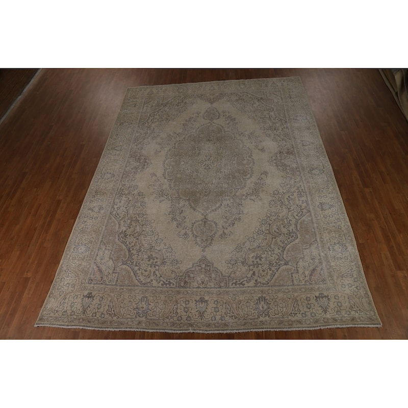 Tabriz Persian Vintage Rug Handmade Oriental Beige Wool Carpet - 9'6" x 12'10"
