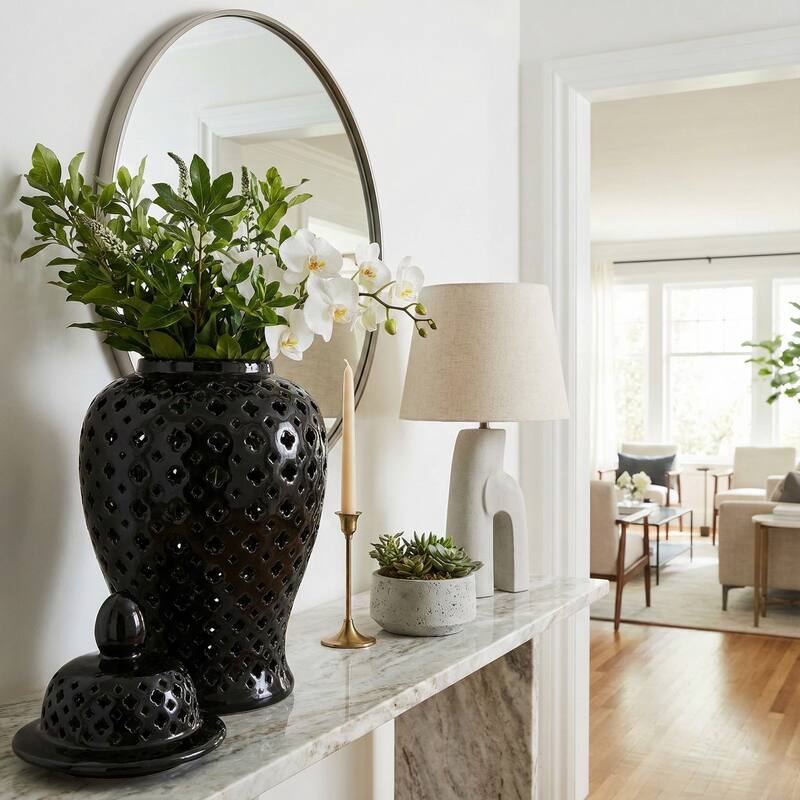 Modern Decorative Jar with Glossy Ceramic and Pierced Cutout Desig - Black - 24.0"