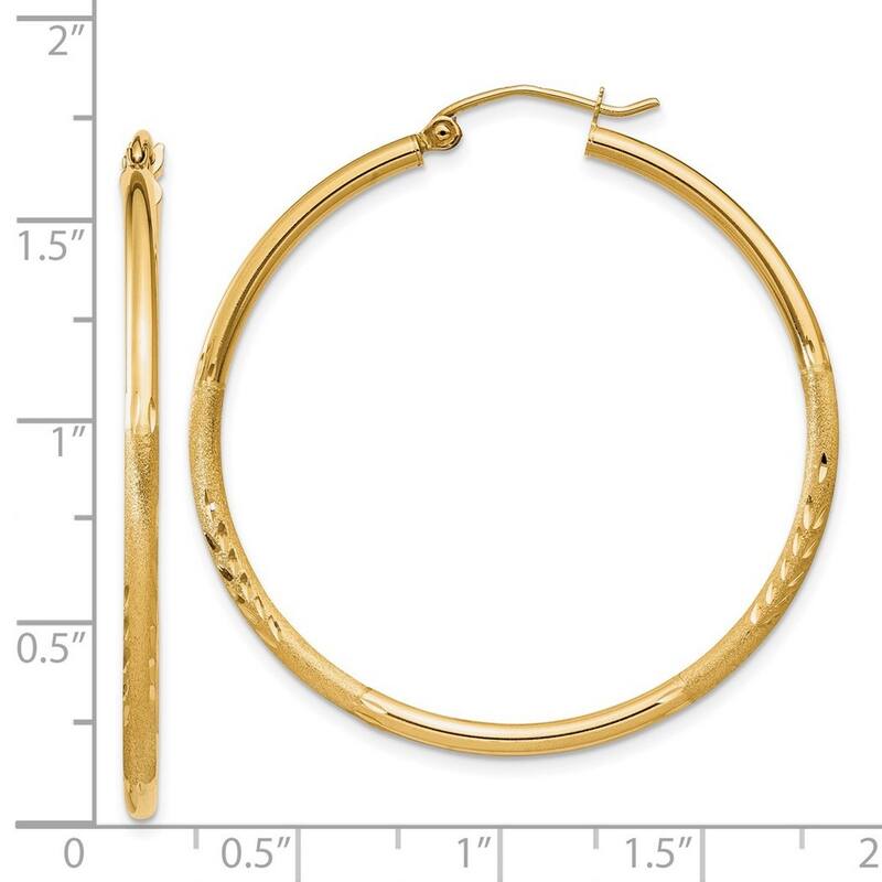Curata 14k Yellow Gold Satin and Sparkle Cut 36x2mm Round Hoop Earrings