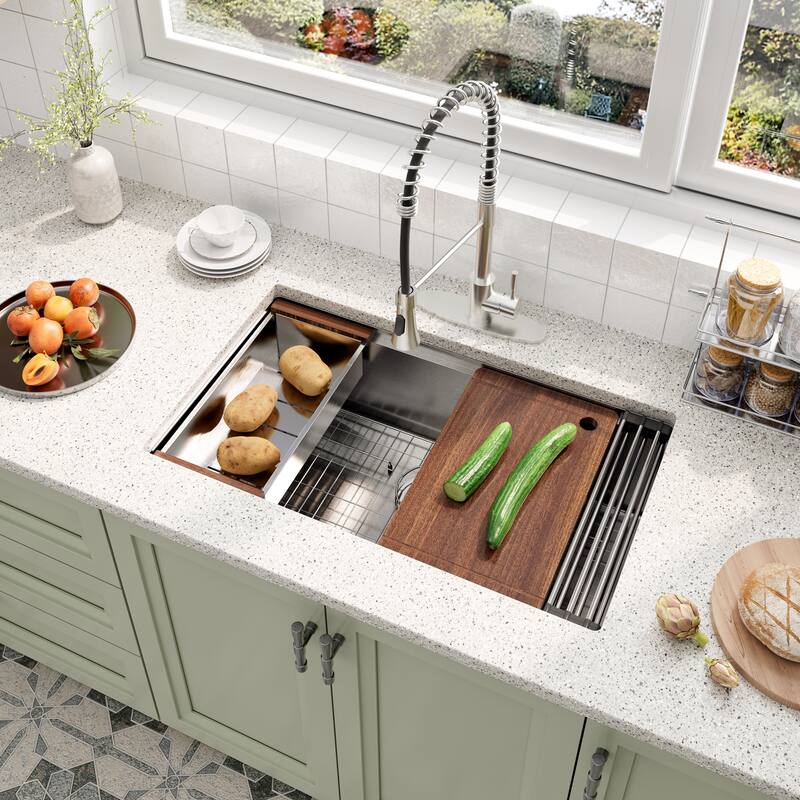 Undermount Single Bowl Nano Brushed Stainless Steel Workstation Kitchen Sink with Two-Function Kitchen Faucet and Accessories