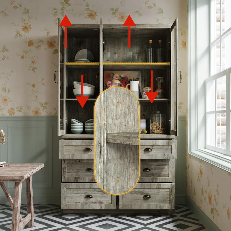 Farmhouse Kitchen Pantry Cabinet 6-Tier Bookshelf with Adjustable Shelves & Glass Doors