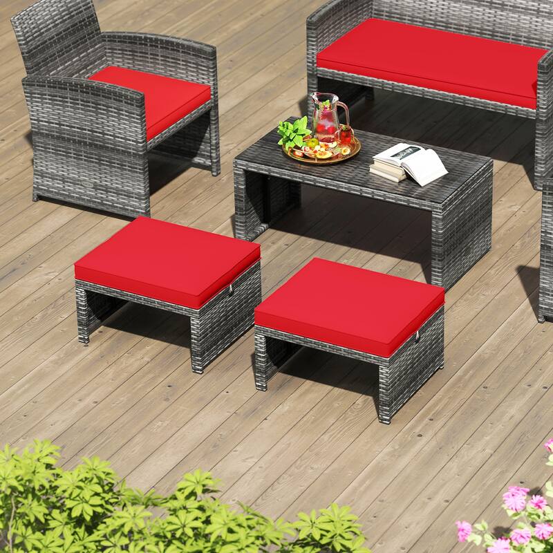 Gymax 2 Pieces Patio PE Rattan Ottomans with Soft Zippered Cushions