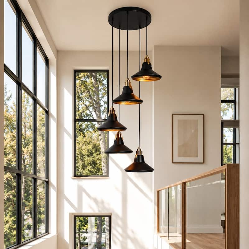 Modern Farmhouse 5-Light Black Brass Metal Chandelier with Bowl-Shaped Pendant Lights for Kitchen Dining Room - 20" D x 7" H