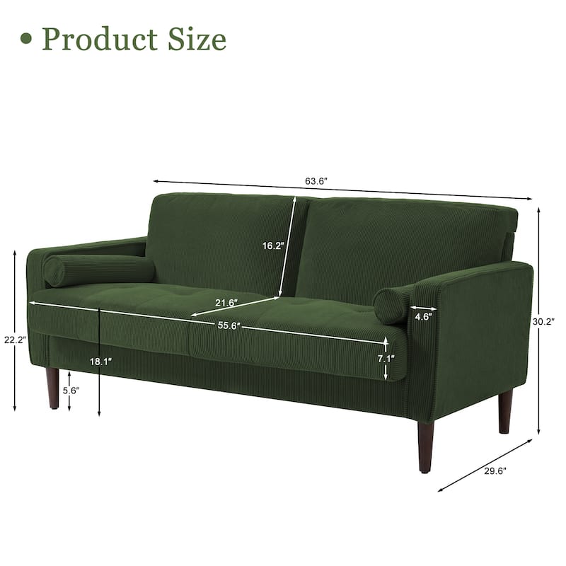 Modern Corduroy 2 Seater Sofa with Bolster Pillows
