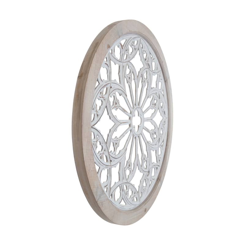 HomeRoots 25" Natural And White Wood Medallion Round Hanging Wall Decor