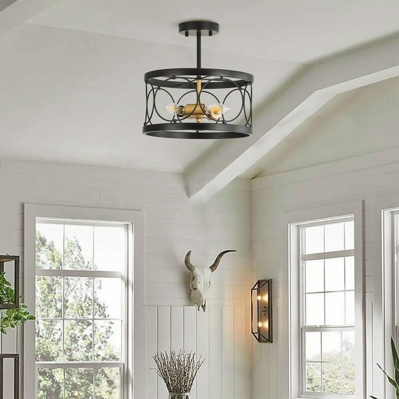 Farmhouse 3-Light Openwork Metal Drum Shade Semi-Flush Mount Ceiling Light