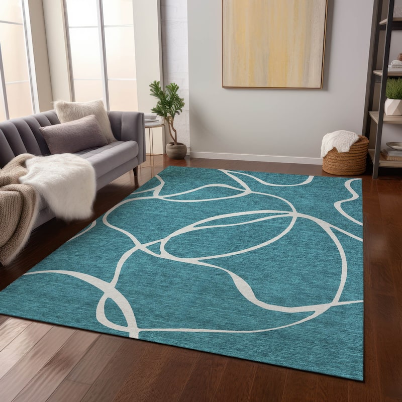 Machine Washable Indoor/ Outdoor Abstract Modern Chantille Rug - Teal - 3' x 5'