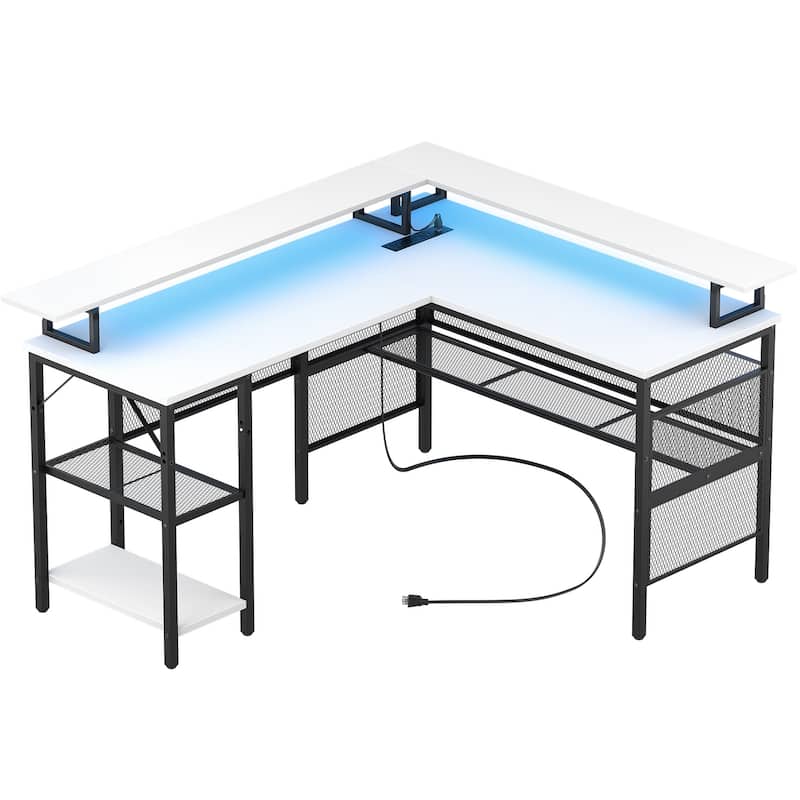 L Shape Computer Desk Reversible Gaming Desk with Charge Station and LED Light