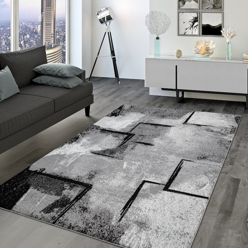 Grey White Area Rug Modern Design with Abstract Paint Effect - 7'10" x 11'2"