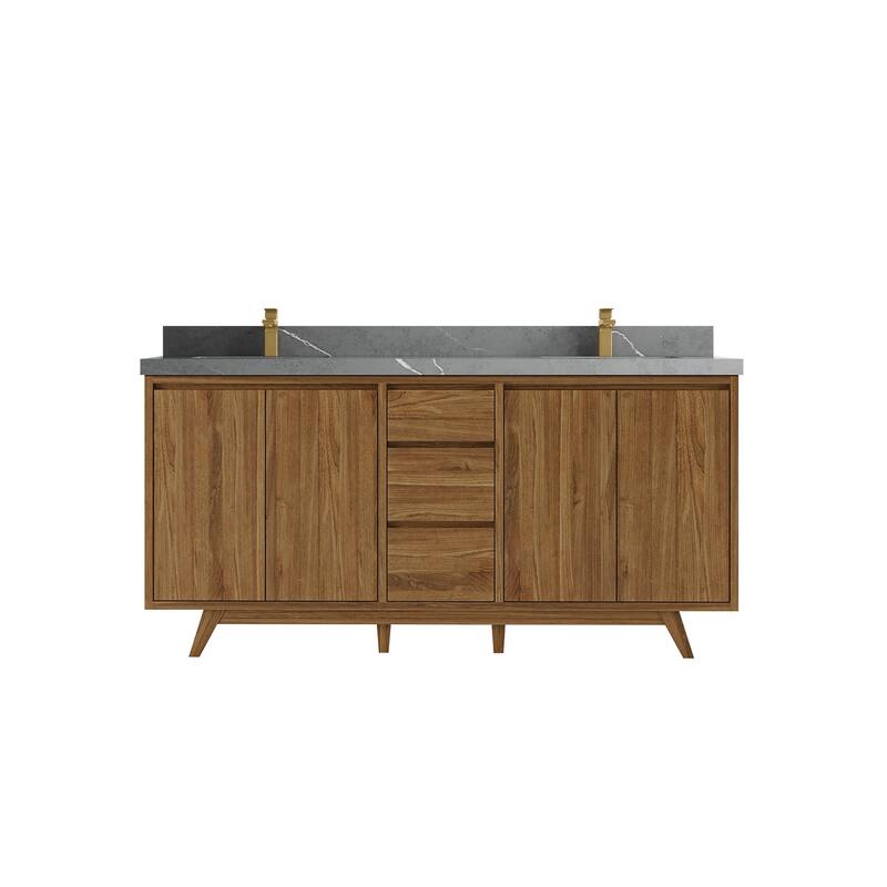 Willow Collections 72 in. W x 22 in. D s Madison Teak Double Sink Bathroom Vanity with Countertop - 2" Piatra Gray - Golden Teak