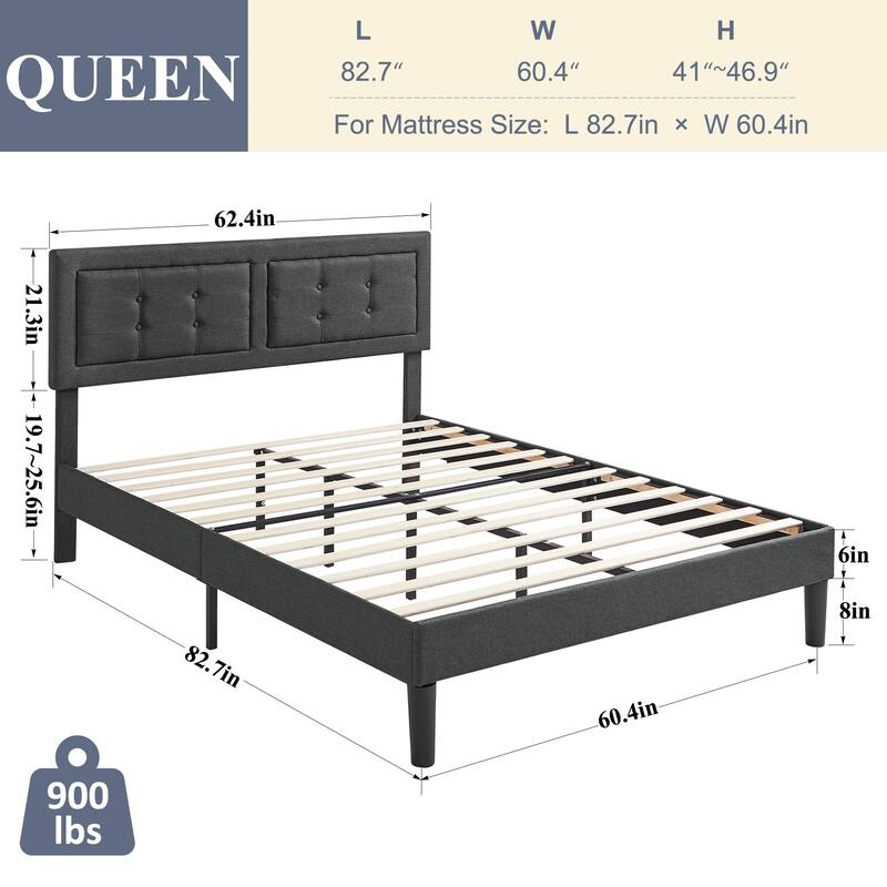 Strong Frame and Wooden Slats Support Bedframe，Platform Bed Frame with Linen Upholstered Headboard,Grey Bed Frames