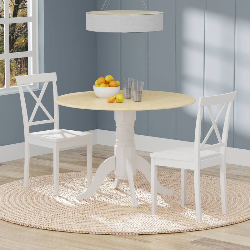3-Piece Dining Set, 42" Round Drop-Leaf Table and X-Back Chairs - White/Natural Table + White Chairs
