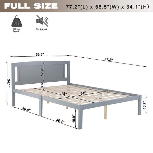 dimension image slide 1 of 2, Full Size Wood Platform Bed Frame with Headboard, Slatted, Modern Style