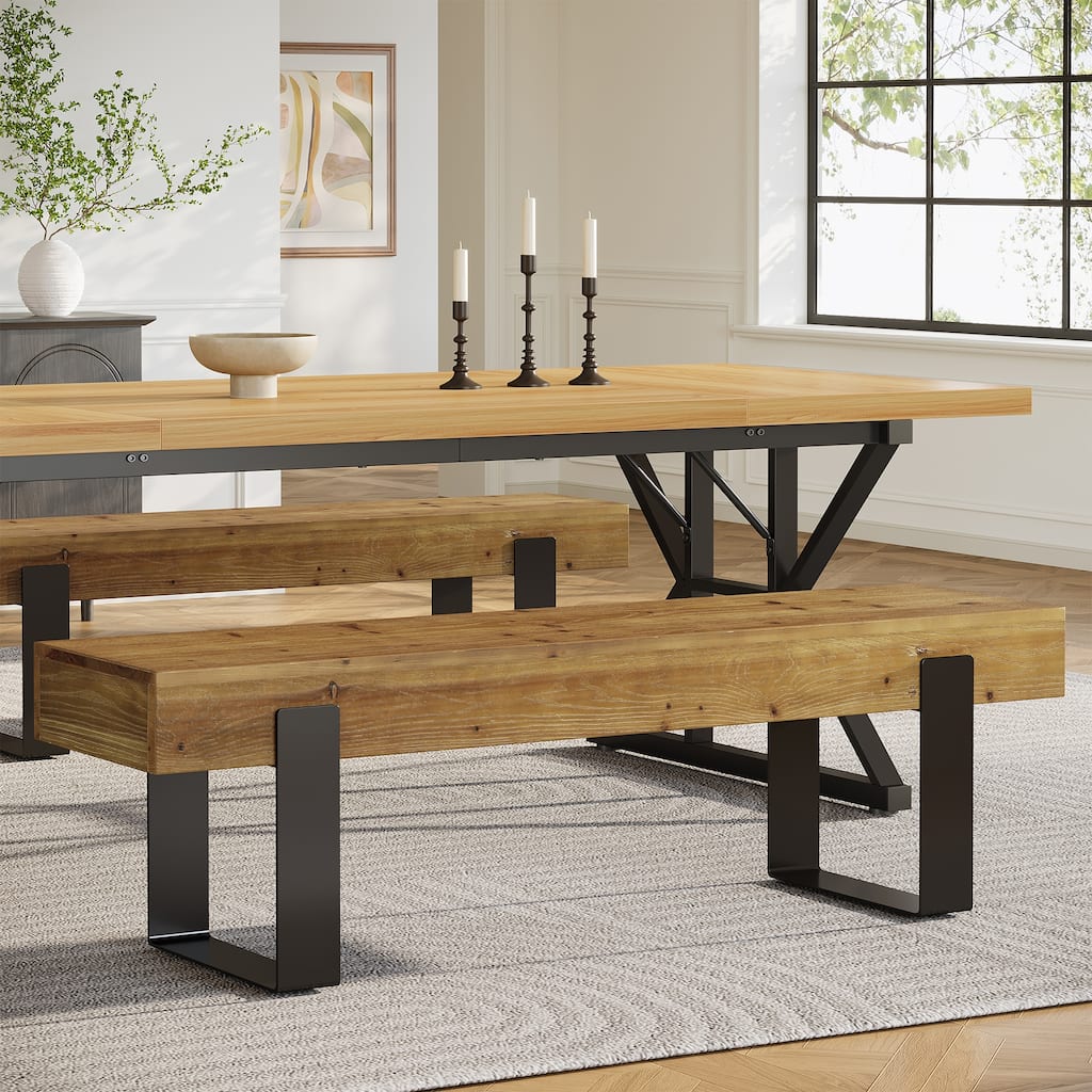63" Solid Wood Dining Bench with Metal Legs, Farmhouse Style