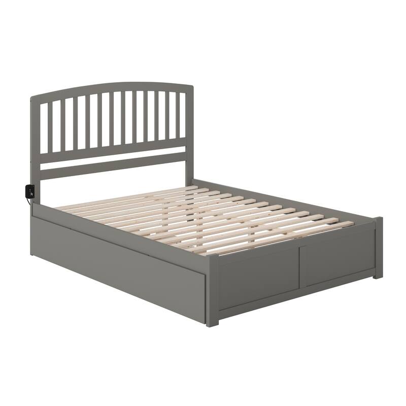 King Platform Bed with Trundle - Solid Wood Bed Frame, USB Port, Grey Finish, No Box Spring Needed