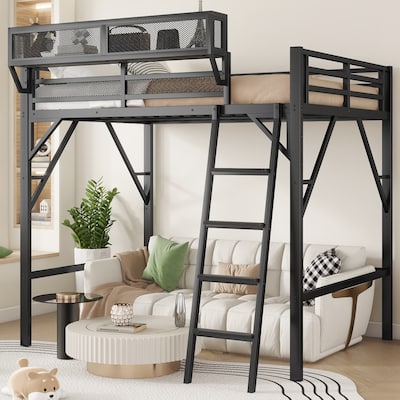 Black Metal Full Loft Bed with Ladder & Storage Shelves – High Loft Design for Kids and Teens, Sturdy Space-Saving Solution