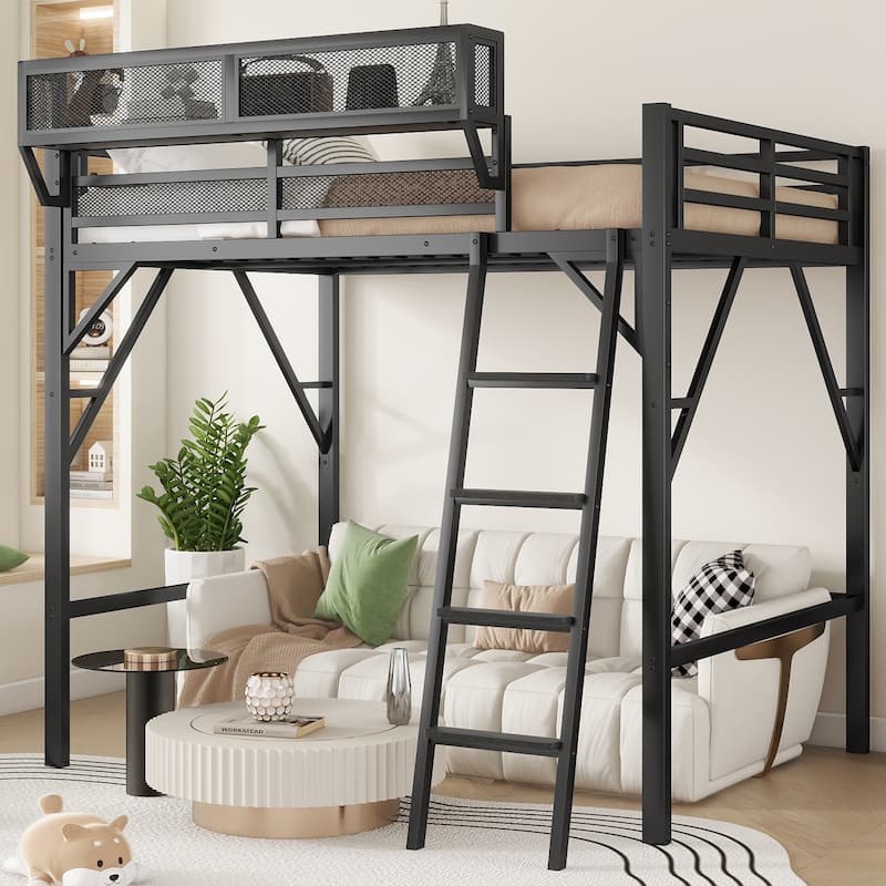 Full Size Metal Loft Bed with Ladder and Storage Shelves for Kids and Teens, Black - Black