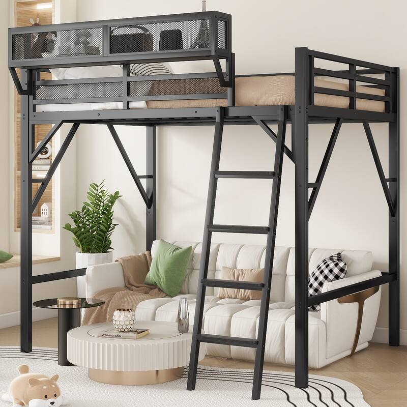 Iron Loft Bed Frame with Storage Shelves, Heavy Duty Metal Loft Bed, Kids High Loft Bed with Full Length Guardrail