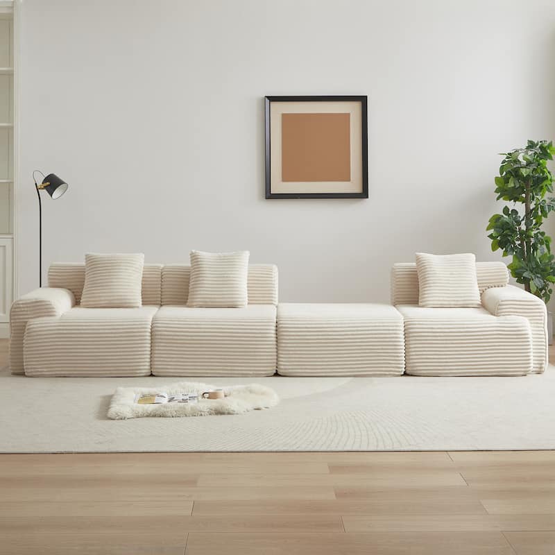 Inlaid Structural Sleeper Sectional Sofa Bed with Ottoman, Corduroy Modular Boneless Couch with Wider Armrests and Backrests