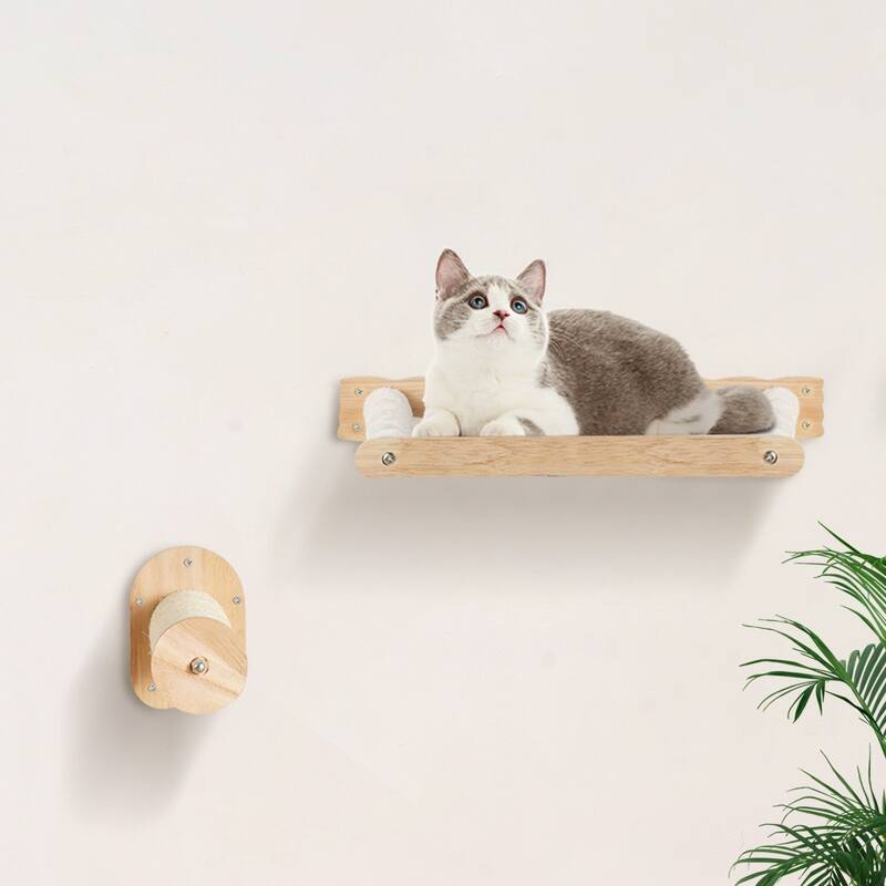 Oak Cat Wall Shelf with Hammocks & Jump Posts, Space-Saving Design