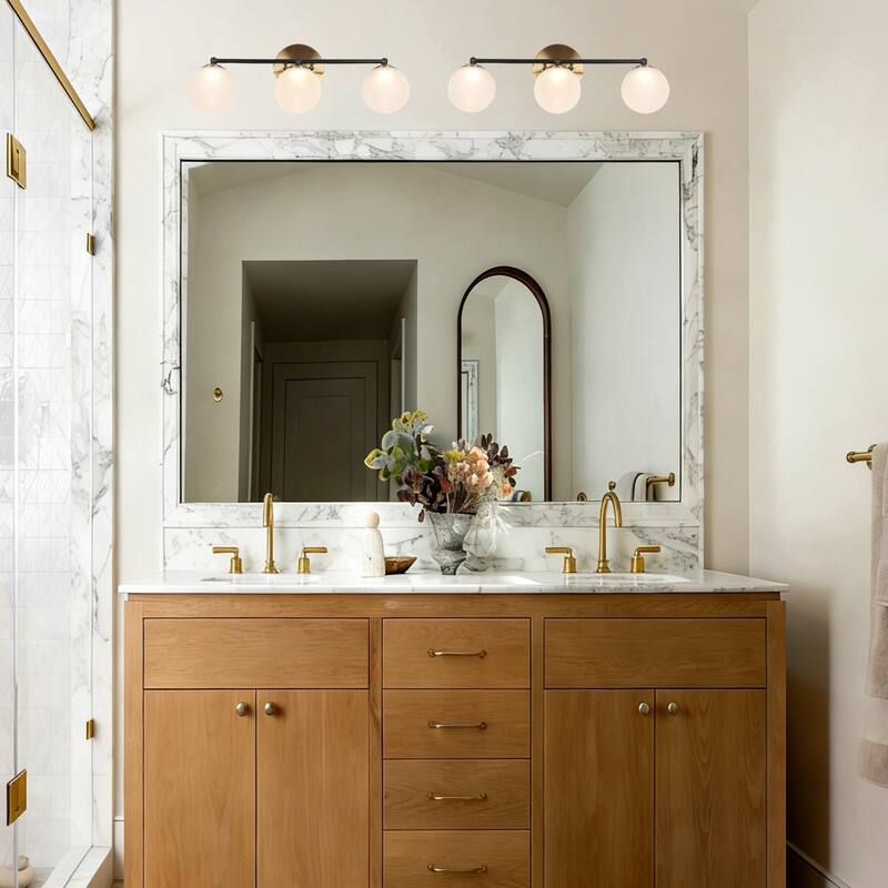 Modern 3-Light LED Bathroom Vanity Light in Black Brass with Frosted Glass Globe Shades