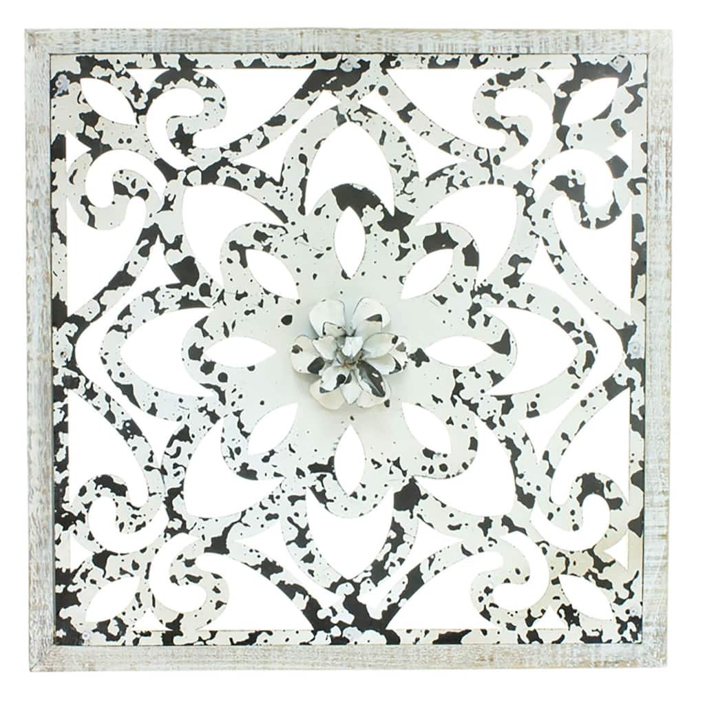 18" White and Brown Square Fleur De Lis Boho Frame