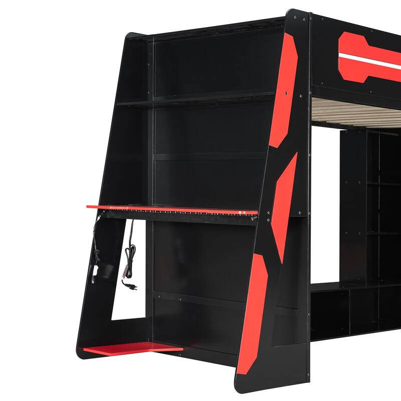 Esports Twin Loft Bed with Desk, Multi-storage Shelves and Light Strip