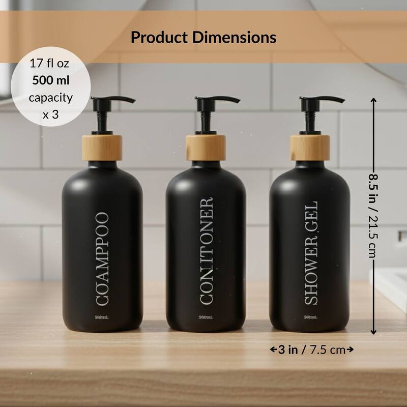 Set of 3 Refillable Shower Dispensers 17 fl oz (500ml) - 3 L x 3 W x 8.5 H
