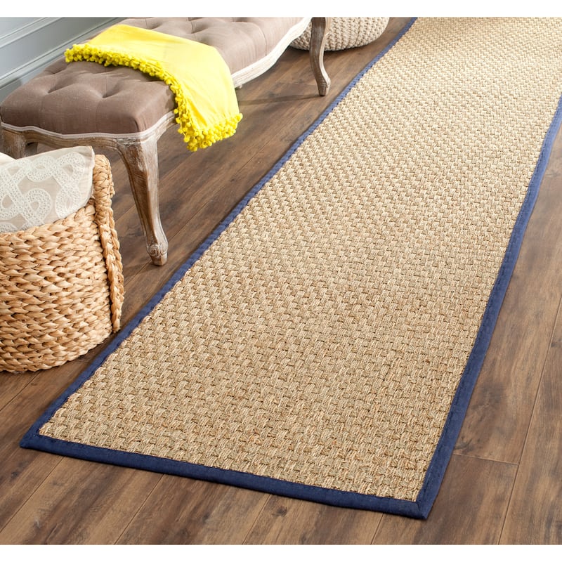 SAFAVIEH Natural Fiber Marina Basketweave Seagrass Rug - 2'6" x 10' Runner - Natural/Navy Blue - Runner