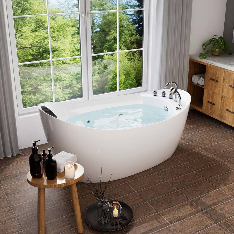 67 in. x 31 in. Center Drain Freestanding Whirlpool Bathtub Hydrotherapy Jetted Soaking Bath Tub - Tub filler in White